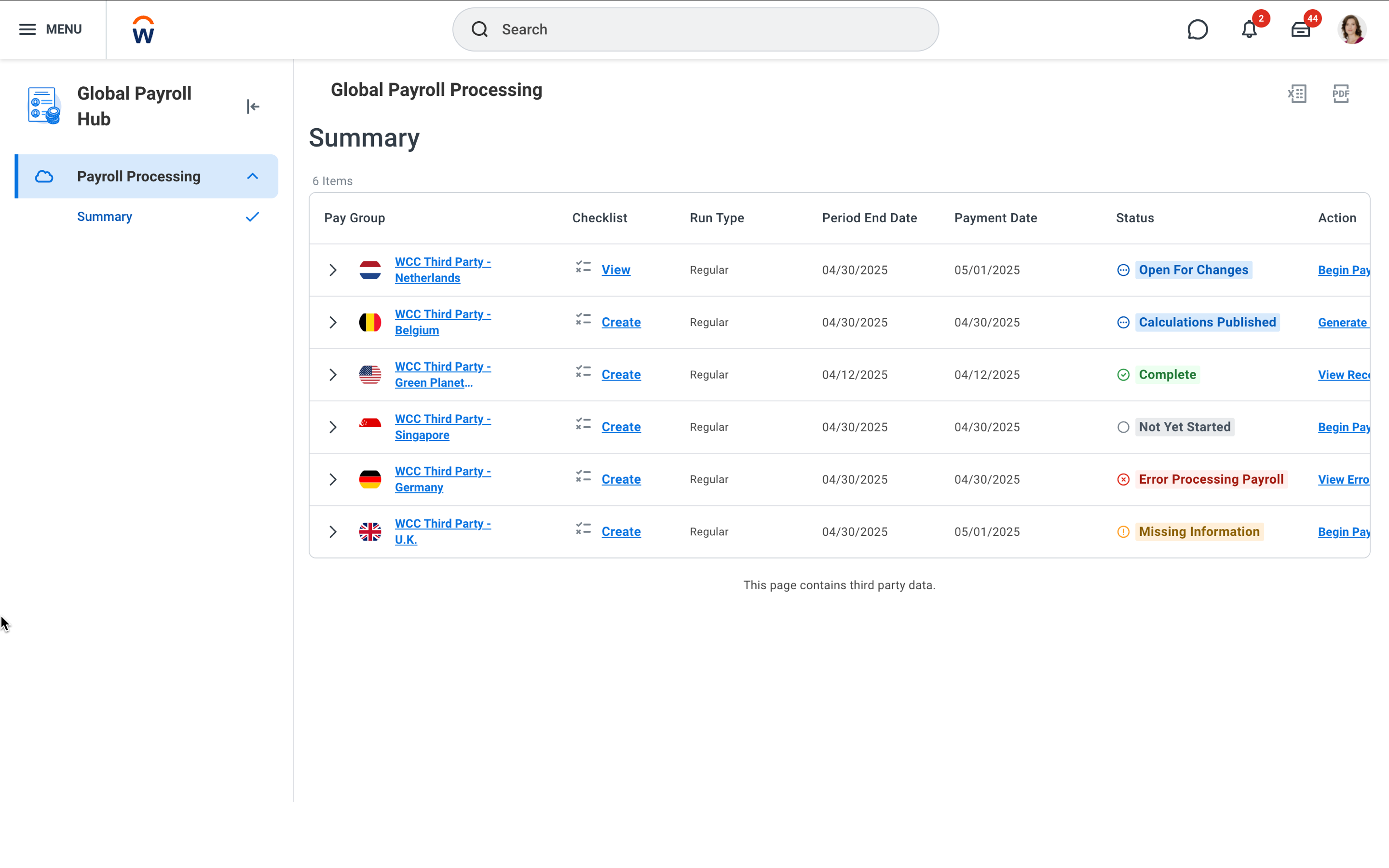 screenshot of Workday Global Payroll